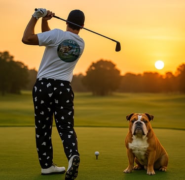 A golfer takes a practice swing at sunrise on a golf course. His lovable pet accompanies him.