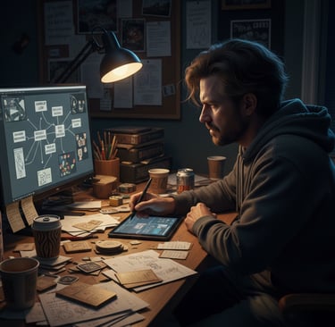 a man sitting at a desk with a tablet computer and a tablet