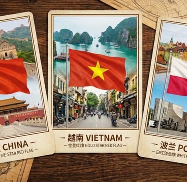 Map comparing playing card manufacturing hubs in China, Vietnam, and Poland for Kickstarter creators