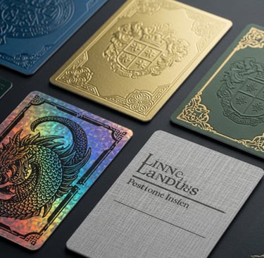 A collection of premium custom trading cards showcasing finishes like holographic foil and embossing