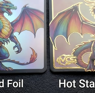 Side-by-side comparison of a Cold Foil card with smooth, colorful metallic gradient versus a Hot Sta