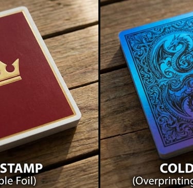 Cold foil vs hot stamp playing cards comparison showing gradient metallic effect.