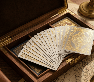 Premium board game manufacturing components on a table, featuring magnetic box and foil cards