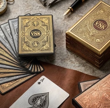 Custom playing card manufacturing examples featuring gilded edges and rigid boxes.