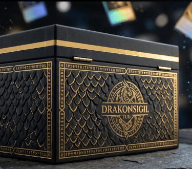 Drakonsigil TCG premium card storage box with dragon scale texture and gold trim among holographic cards.