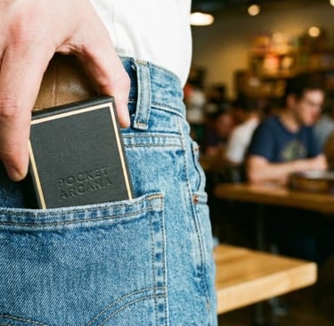 Premium micro card game packaging fitting into a denim pocket.