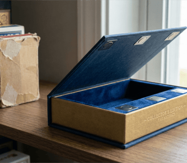 Rigid magnetic game box standing on a shelf next to a flimsy tuck box.