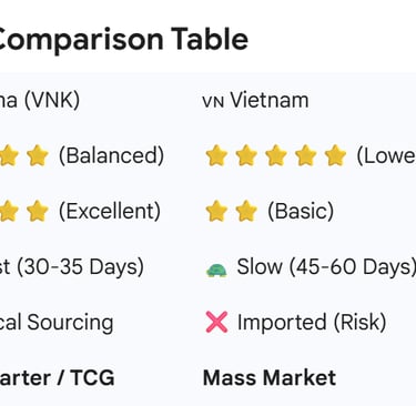 Comparison chart showing cost, speed, and paper quality differences between Chinese, Vietnamese, and