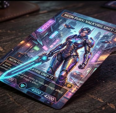 High-end custom TCG card featuring cold foil printing with metallic gradients.