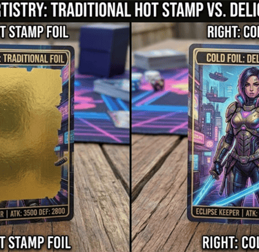 Hot stamp vs Cold foil printing comparison for custom TCG cards.