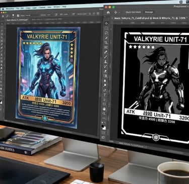 Photoshop K=100 mask layer setup for cold foil TCG card printing.