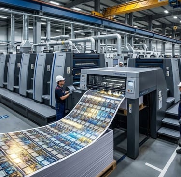 Heidelberg offset printing press manufacturing cold foil TCG cards.