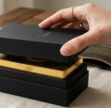 Cinematic close-up, top view, a luxury matte black tarot rigid box being opened, golden gilded edges
