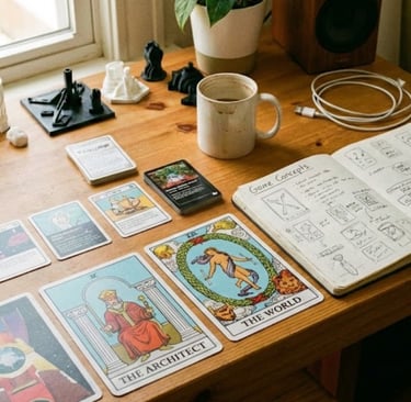 Tabletop game designer desk with custom playing card prototypes and sketchbook.