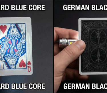 Side-by-side comparison of Blue Core card transparency vs German Black Core opacity.