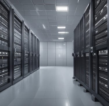 A digital rendering depicting a tall, metallic server rack positioned centrally on a platform. The server appears to have multiple blue-lit slots. Surrounding the rack, there are several stacks of cylindrical objects resembling databases or storage units, all set against a dark background.
