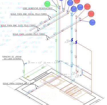 Detalhe isométrico área de serviço residencial com torneira de jardim externa 