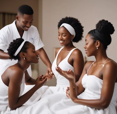 A warmly lit reception area with a modern, minimalist design. An illuminated circular chandelier hangs above a front desk with a decorative lattice pattern. A plant in the corner adds a touch of greenery beside brick-style wall accents. The words 'Maati by sundays the spa' are displayed on the wall.