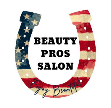 Beauty Pros Logo. An american flag horseshoe with Beauty Pros Salon in the center. Enjoy Beautiful
