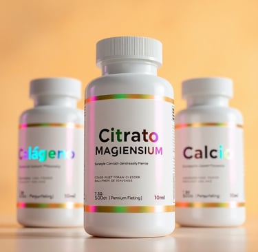 Tres botellas blancas de suplementos etiquetadas como 'Colágeno', 'Citrato de Magnesio' y 'Calcio'