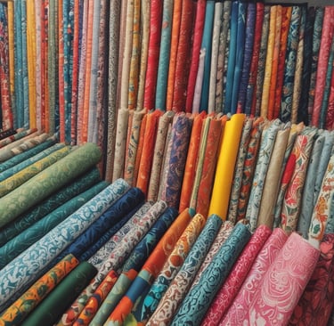 A vibrant and colorful shop filled with shelves stacked high with rolls of fabric and lace. The shelves display a variety of intricate patterns and colors, showcasing diverse textile options. Below the shelves is a glass counter containing trays with small various items. The labels above the shelves and the bustling layout suggest a fabric or craft store specializing in embroidery and lace.
