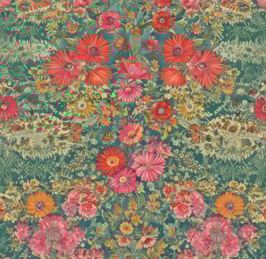 A vibrant assortment of fabrics is displayed, each featuring unique and intricate patterns. The patterns include various shapes, designs, and colors, ranging from geometric to floral motifs, set against both dark and bright backgrounds.