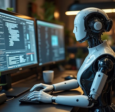 Robot humanoide programando en un entorno tecnológico, representando la IA en educación y software