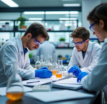 Científicos revisando reportes en laboratorio, representando el uso de GPT Personalizados en ciencia