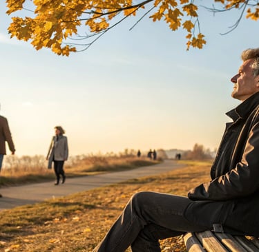 a man sitting on a bench in the park