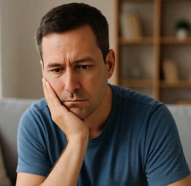 a man sitting on a couch with his hand on his chin