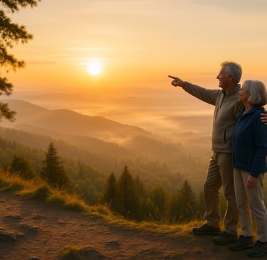 a man and woman standing on a mountain top
