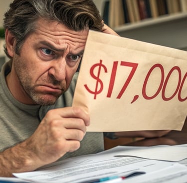 Frustrated investor holding oversized tax bill envelope, symbolizing unexpected capital gains taxes
