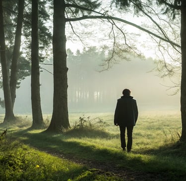 a person walking down a path in a forest