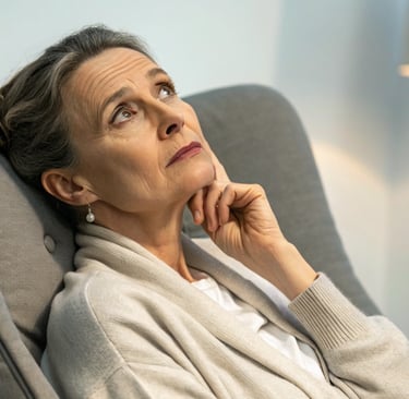 a woman sitting in a chair with her hand on her chin