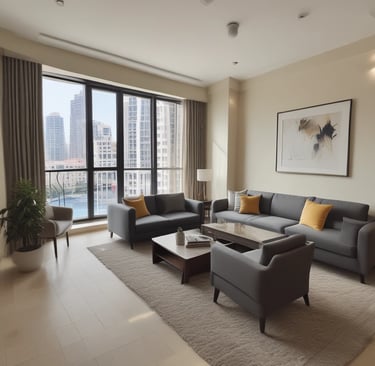  Modern living room with grey sofas, large windows, city skyline view, and minimalistic decor.