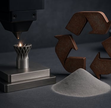 3D metal printer creating a part with metal powder and a rusted recycling symbol nearby.