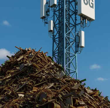 A 6G telecom tower rises behind a large pile of rusted scrap metal under a clear blue sky.