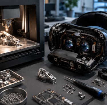 electronics repair lab with a metal 3D printer producing a small replacement bracket