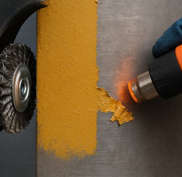 metal surface with yellow coating removed using heat gun and wire brush.