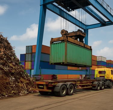 Crane lowering a shipping container onto a truck beside scrap metal and stacked containers.