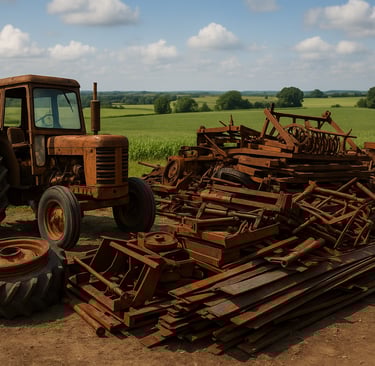 Rusty tractor beside scrap metal piles on a rural farm.