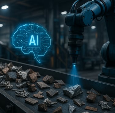 Robotic arm scanning scrap metal for AI alloy identification.