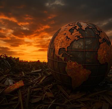 A rusted globe made of metal sits in a scrapyard at sunset, symbolizing environmental awareness thro