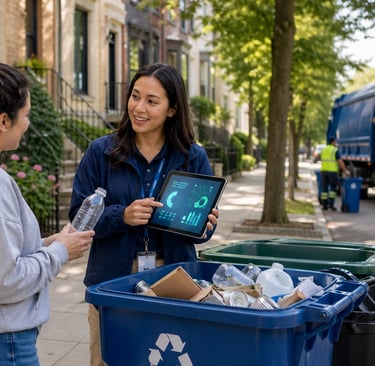 Recycling ambassador uses a tablet to guide a resident beside curbside recycling bins on a street