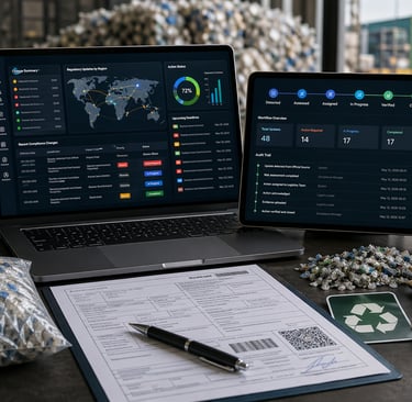 Digital compliance dashboards with audit trail workflows on screens in industrial recycling setting