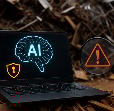 Laptop with glowing AI brain icon and warning symbol, set against a background of scrap metal.