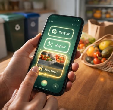 Phone-based sustainability guidance helping a person make a lower-waste choice at home