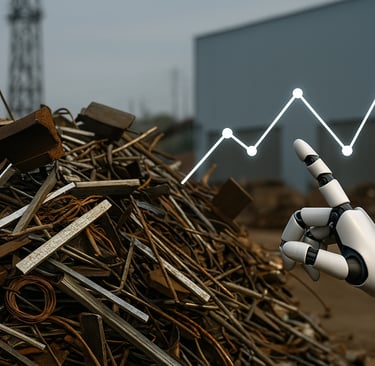 A heap of scrap metal with a robotic hand reaching towards a glowing financial graph, symbolizing AI