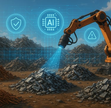 Robotic arm scans scrap metal piles with holographic AI overlays.