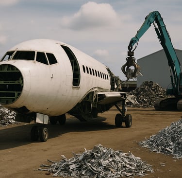 Electric aircraft being dismantled in a metal scrapyard.
